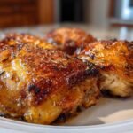Close-up of three perfectly roasted Lemon Garlic Roasted Chicken Thighs with crispy, glazed skin and herbs.