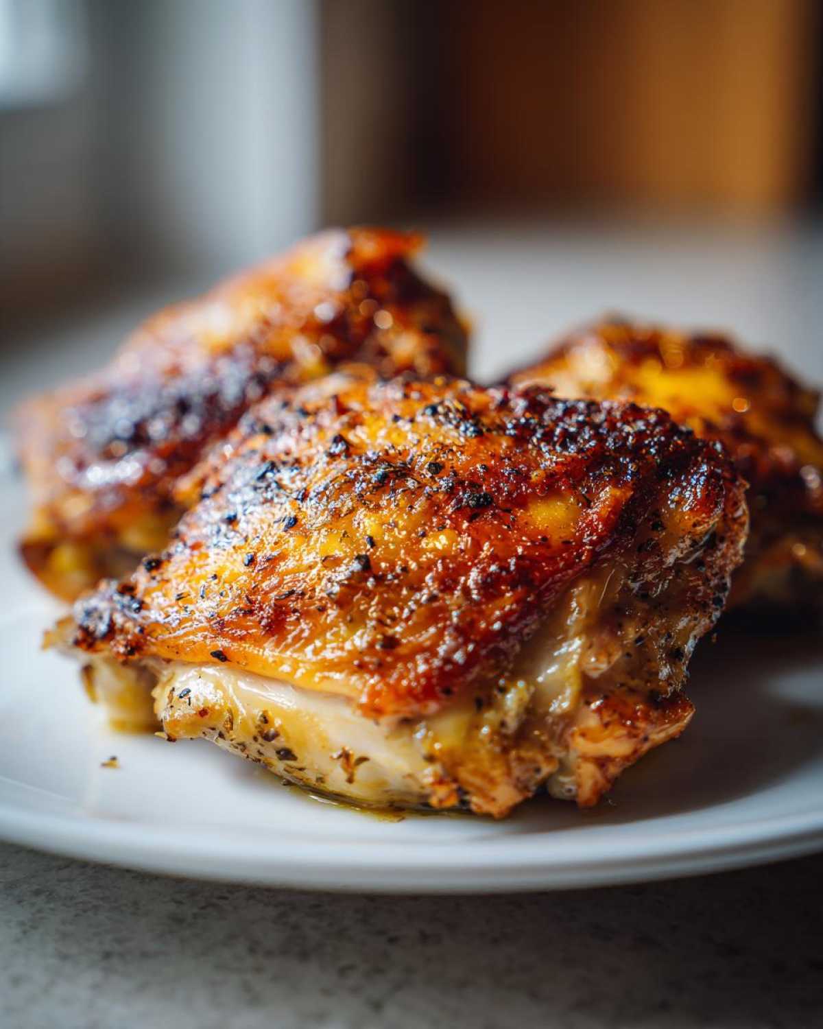 Close-up of three perfectly cooked Lemon Garlic Roasted Chicken Thighs with crispy, seasoned skin on a white plate.