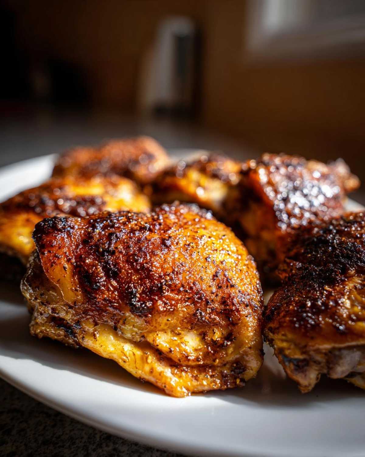 Close-up of perfectly roasted Lemon Garlic Roasted Chicken Thighs with crispy, dark brown skin served on a white plate.