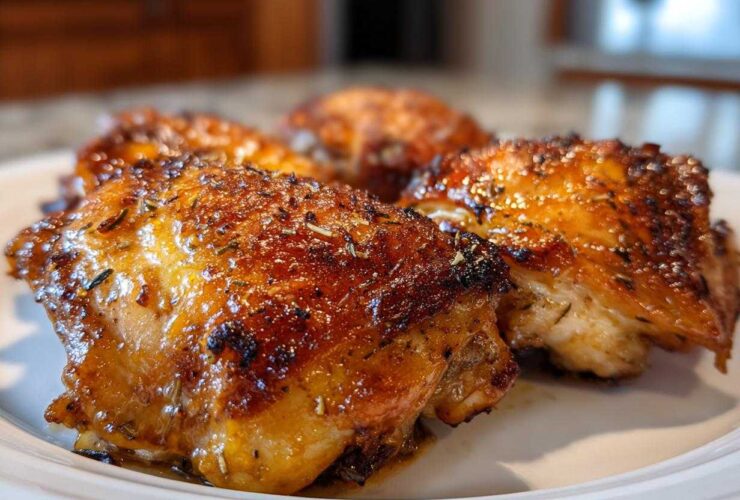Close-up of three perfectly roasted Lemon Garlic Roasted Chicken Thighs with crispy, glazed skin and herbs.