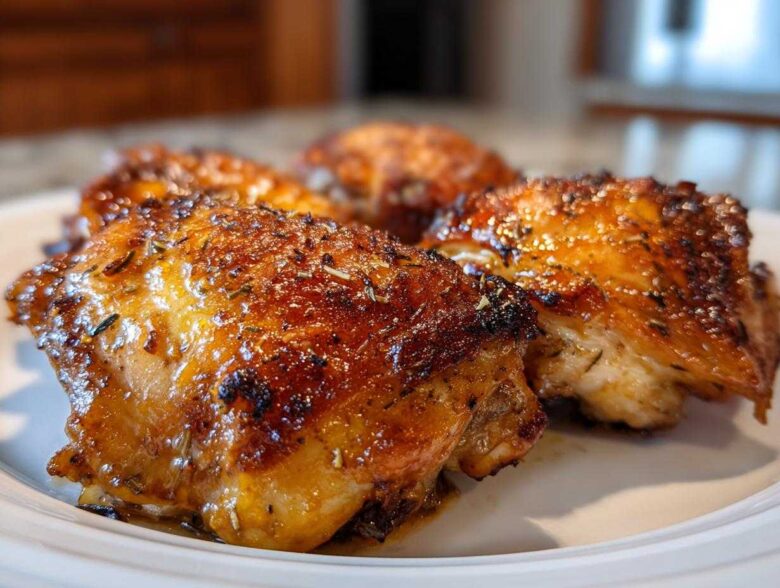 Close-up of three perfectly roasted Lemon Garlic Roasted Chicken Thighs with crispy, glazed skin and herbs.