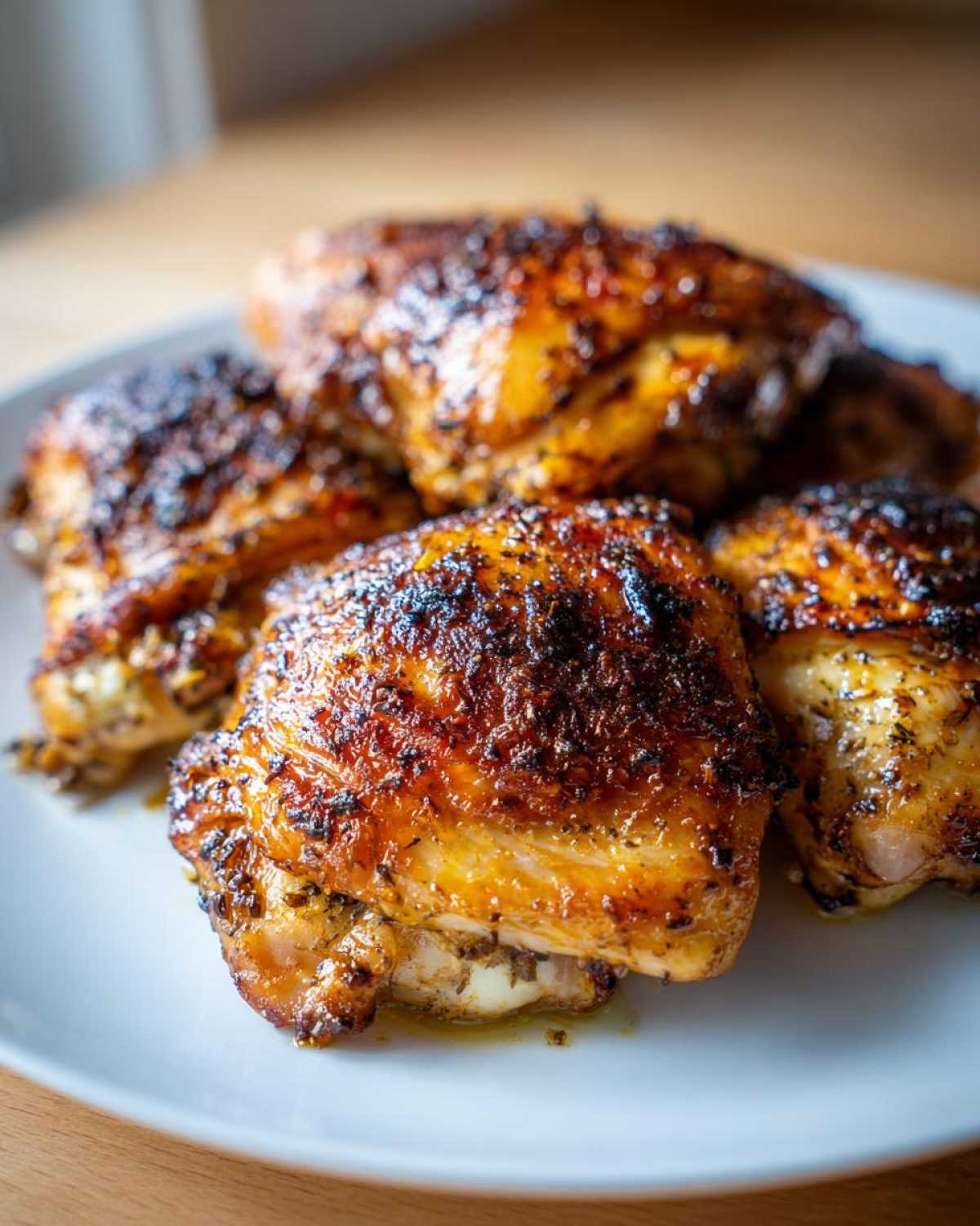 Close-up of several golden-brown, crispy Lemon Garlic Roasted Chicken Thighs piled on a white plate.