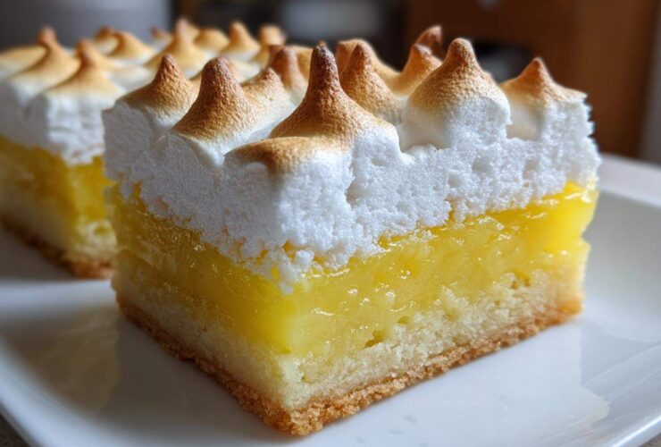 A close-up of a square Lemon Meringue Pie Bars slice showing a shortbread crust, bright yellow lemon filling, and peaked, toasted meringue topping.