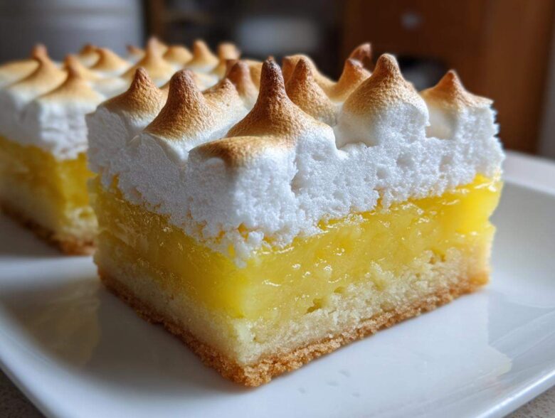 A close-up of a square Lemon Meringue Pie Bars slice showing a shortbread crust, bright yellow lemon filling, and peaked, toasted meringue topping.
