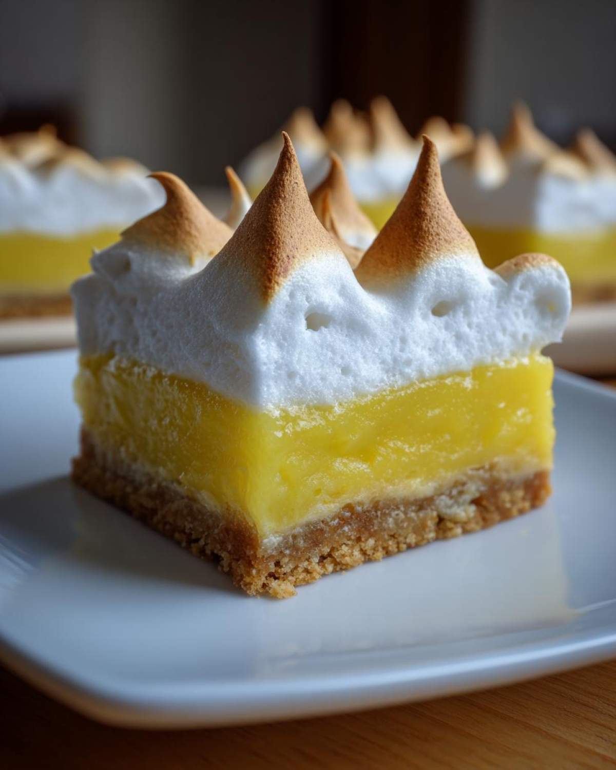 A close-up of a single square of Lemon Meringue Pie Bars showing the crust, bright yellow lemon filling, and toasted meringue peaks.