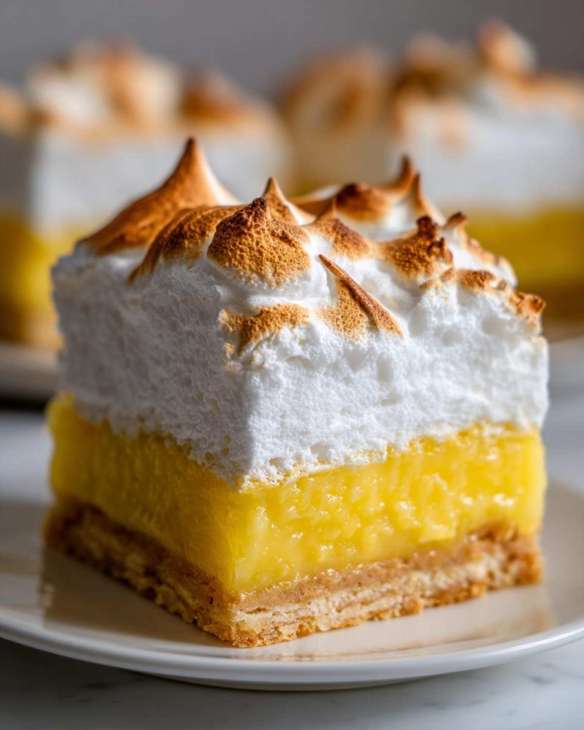 Close-up of a square Lemon Meringue Pie Bars slice showing a thick crust, bright yellow lemon filling, and fluffy, toasted meringue.