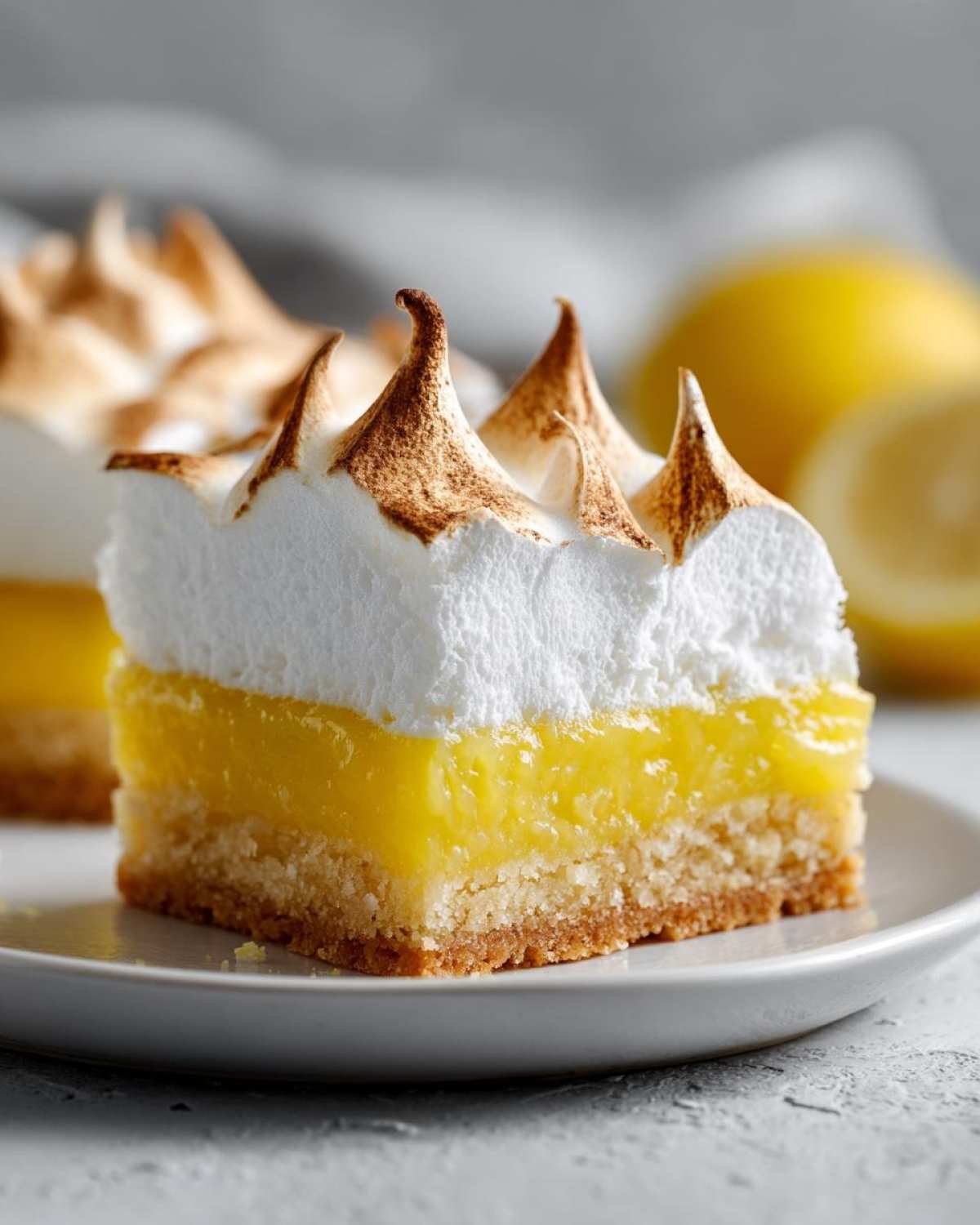 A close-up of a single serving of Lemon Meringue Pie Bars showing a shortbread crust, bright yellow lemon filling, and torched meringue topping.