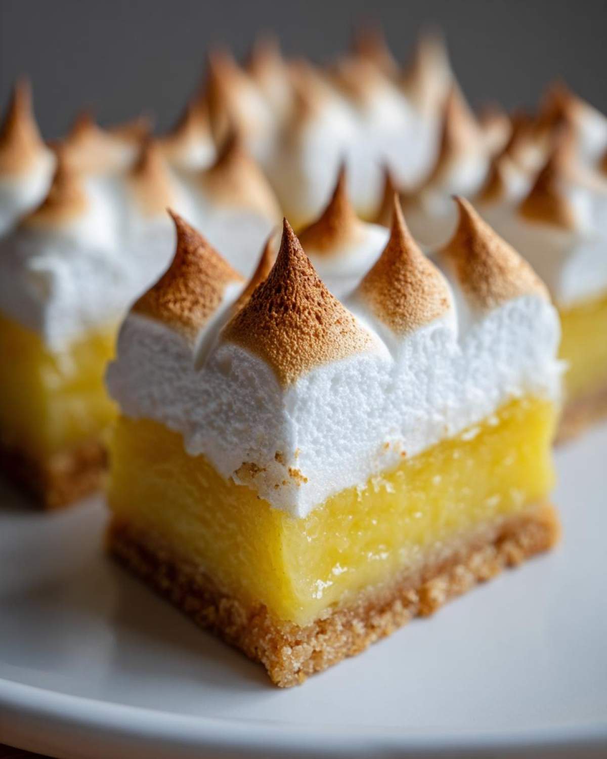A close-up of a single square of Lemon Meringue Pie Bars showing a graham cracker crust, bright yellow lemon filling, and peaked, toasted meringue.