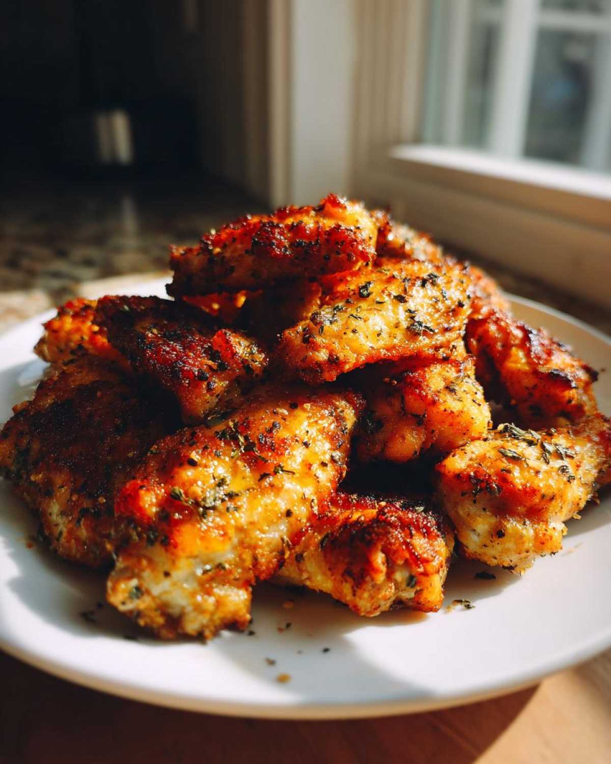 A pile of perfectly crispy Lemon Pepper Chicken Wings Oven Style seasoned with herbs, served on a white plate.