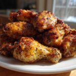 A pile of golden brown, crispy Lemon Pepper Chicken Wings Oven Style glistening under bright light on a white plate.