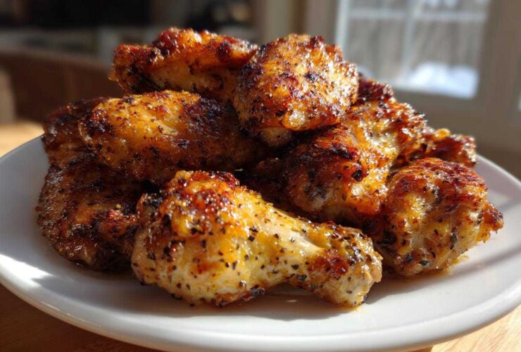 A pile of golden brown, crispy Lemon Pepper Chicken Wings Oven Style glistening under bright light on a white plate.