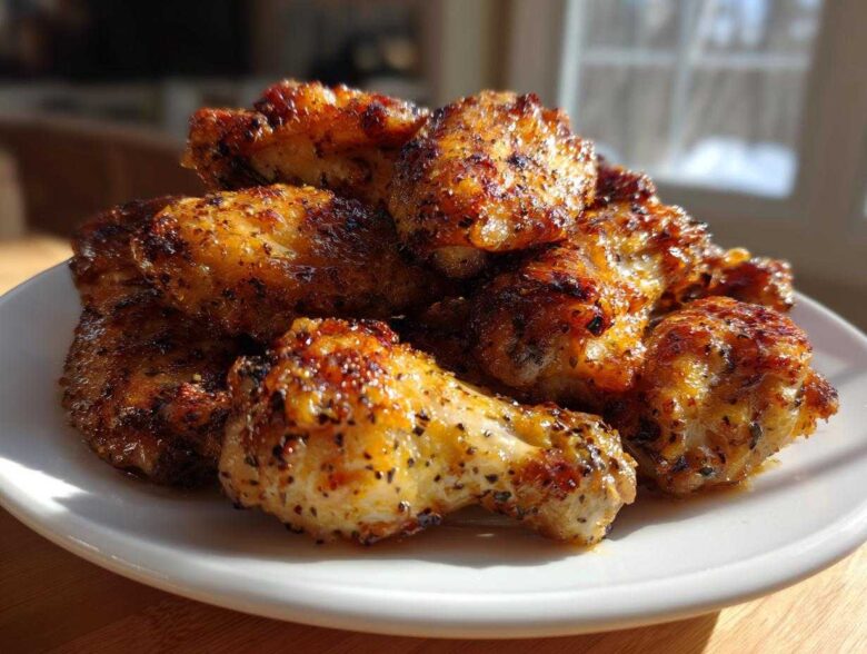 A pile of golden brown, crispy Lemon Pepper Chicken Wings Oven Style glistening under bright light on a white plate.