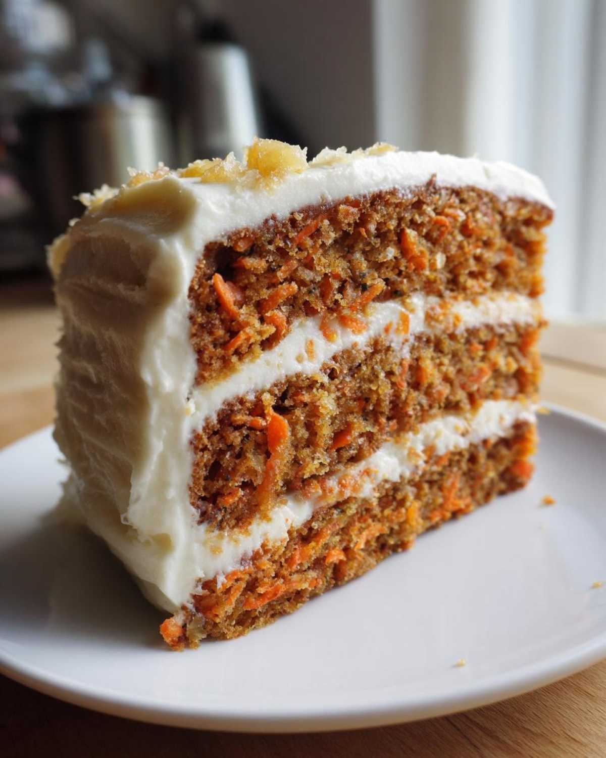 Close-up of a thick slice of Moist Carrot Cake with Cream Cheese Frosting, showing three layers of cake and frosting.