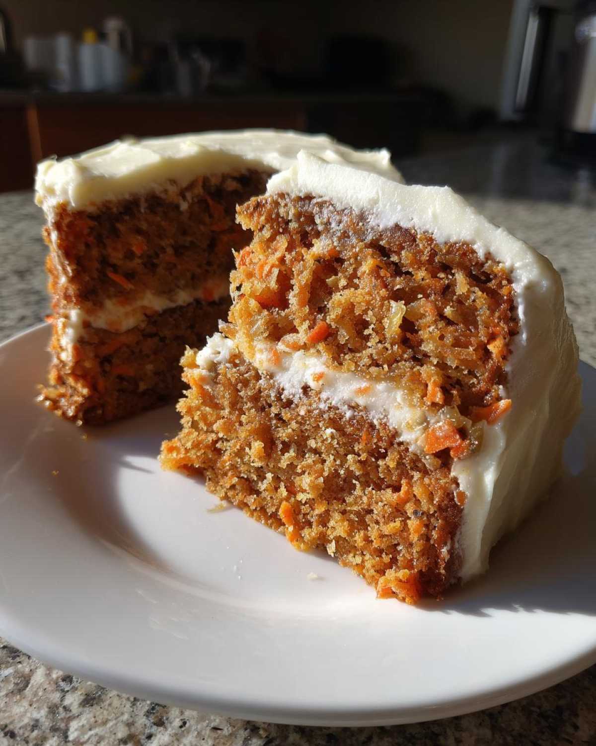 A close-up of a thick slice of Moist Carrot Cake with Cream Cheese Frosting on a white plate, showing the texture.