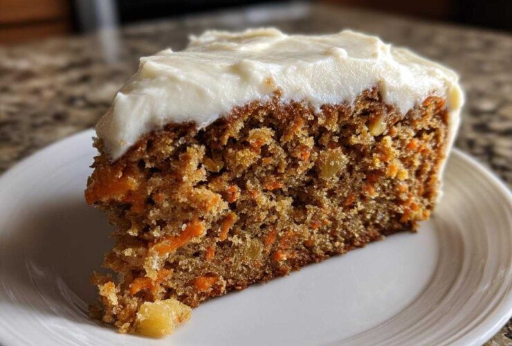 A close-up of a thick slice of Moist Carrot Cake with Cream Cheese Frosting showing visible carrot shreds and nuts.