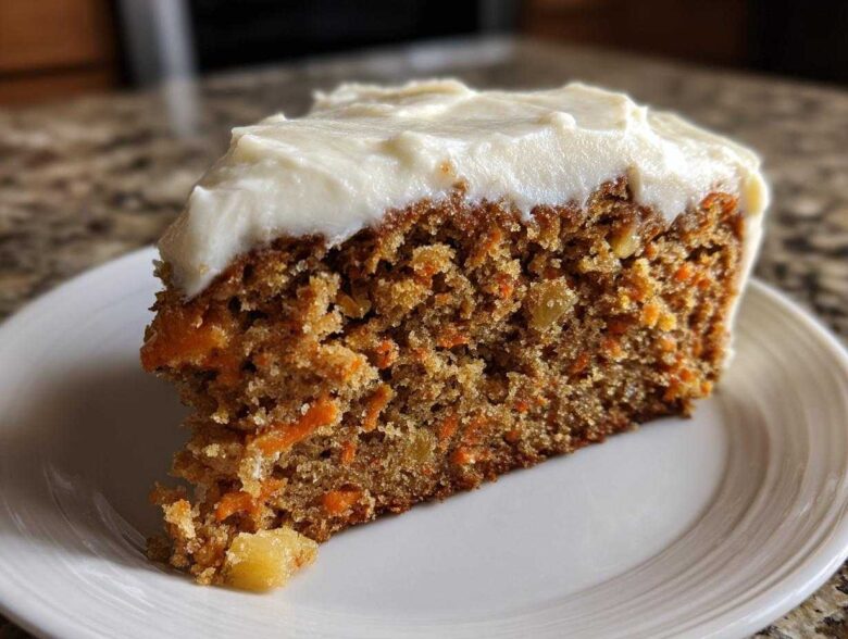 A close-up of a thick slice of Moist Carrot Cake with Cream Cheese Frosting showing visible carrot shreds and nuts.