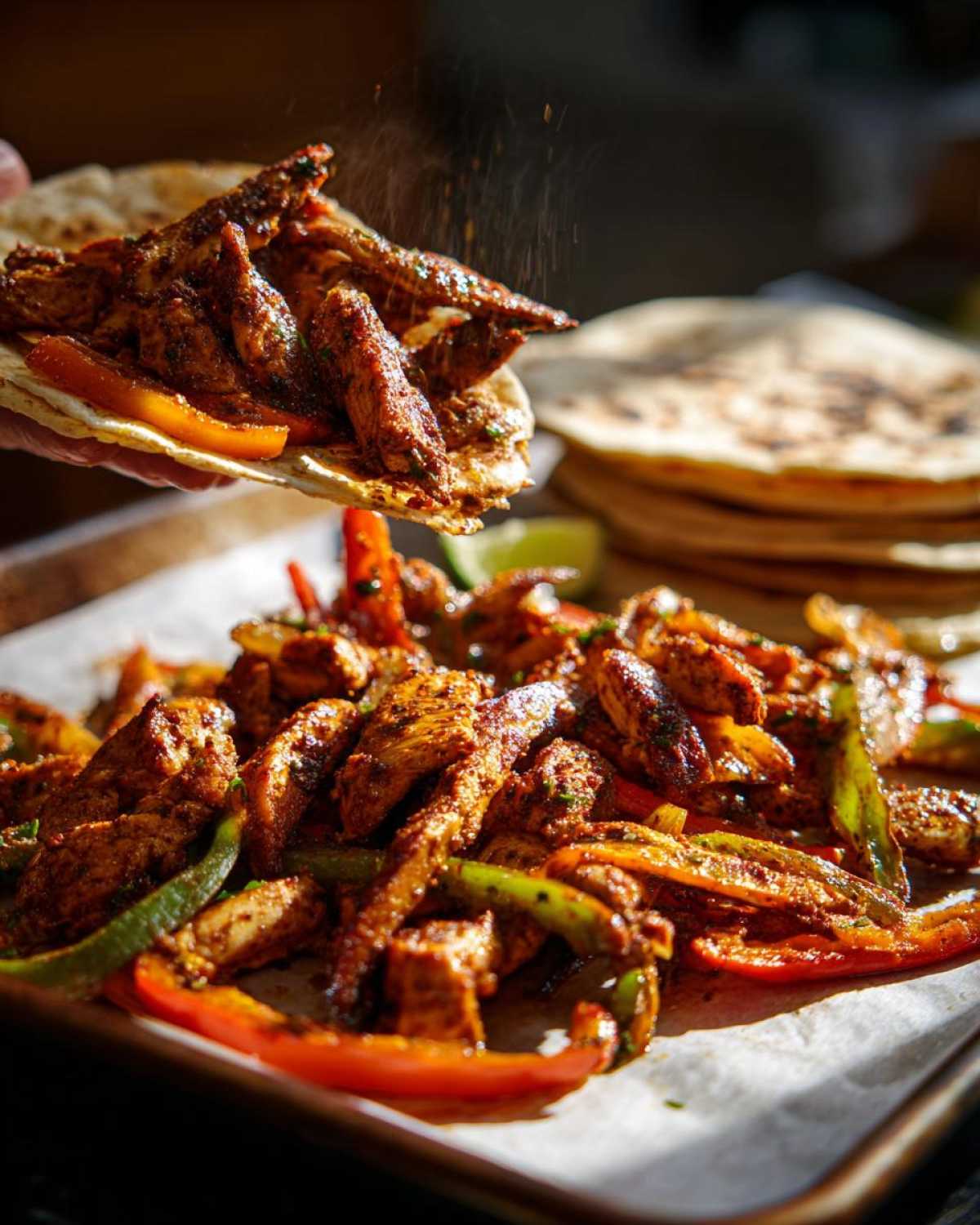 A hand holding a tortilla filled with seasoned chicken, peppers, and onions from a pan of One-Pan Chicken Fajitas with Peppers and Onions.