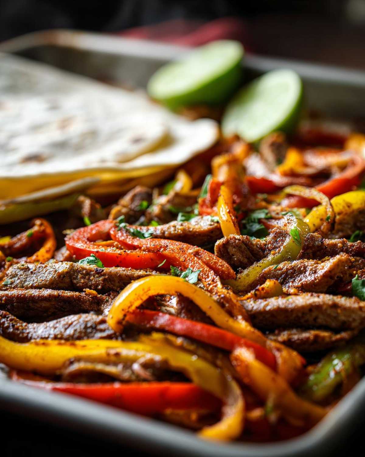Close-up of sizzling One-Pan Chicken Fajitas with peppers, onions, tortillas, and lime wedges.