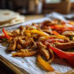 Close-up of seasoned chicken strips mixed with sautéed red and yellow peppers and onions from the One-Pan Chicken Fajitas recipe.