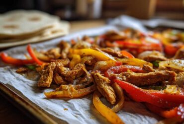 Close-up of seasoned chicken strips mixed with sautéed red and yellow peppers and onions from the One-Pan Chicken Fajitas recipe.