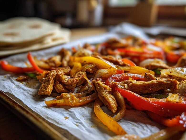 Close-up of seasoned chicken strips mixed with sautéed red and yellow peppers and onions from the One-Pan Chicken Fajitas recipe.