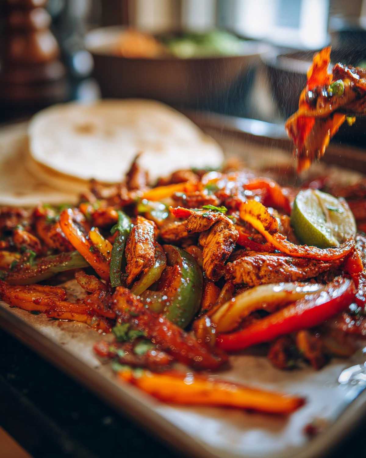 Close-up of sizzling One-Pan Chicken Fajitas with Peppers and Onions being served, with a lime wedge and tortillas nearby.