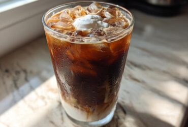A tall glass of cold Iced Mocha showing layers of milk, coffee, ice cubes, and a dollop of whipped cream.