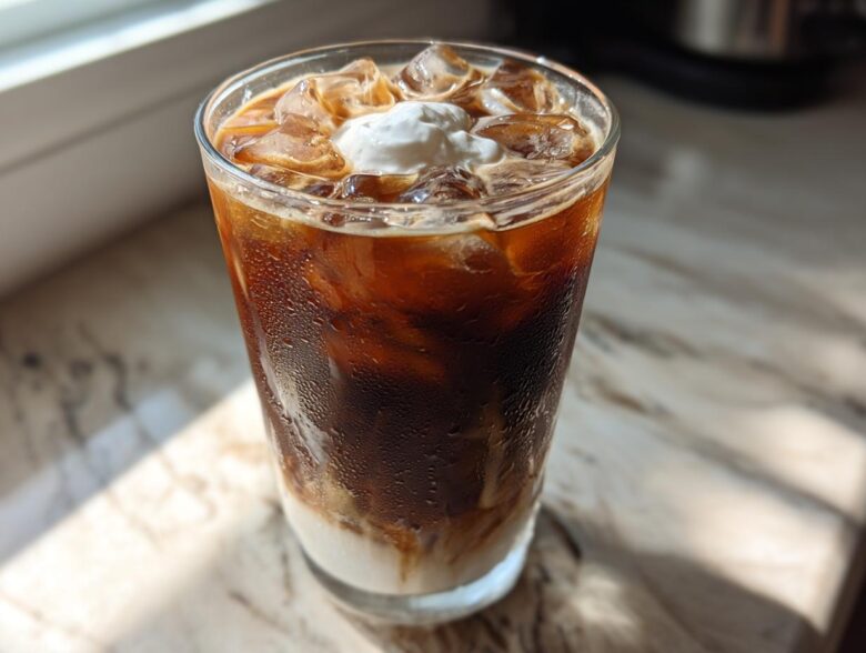 A tall glass of cold Iced Mocha showing layers of milk, coffee, ice cubes, and a dollop of whipped cream.