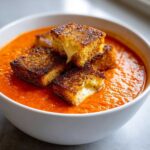 Close-up of a white bowl filled with vibrant orange Roasted Tomato Basil Soup topped with golden brown Grilled Cheese Croutons.