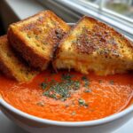 A bowl of vibrant Roasted Tomato Basil Soup topped with herbs and served with golden Grilled Cheese Croutons.