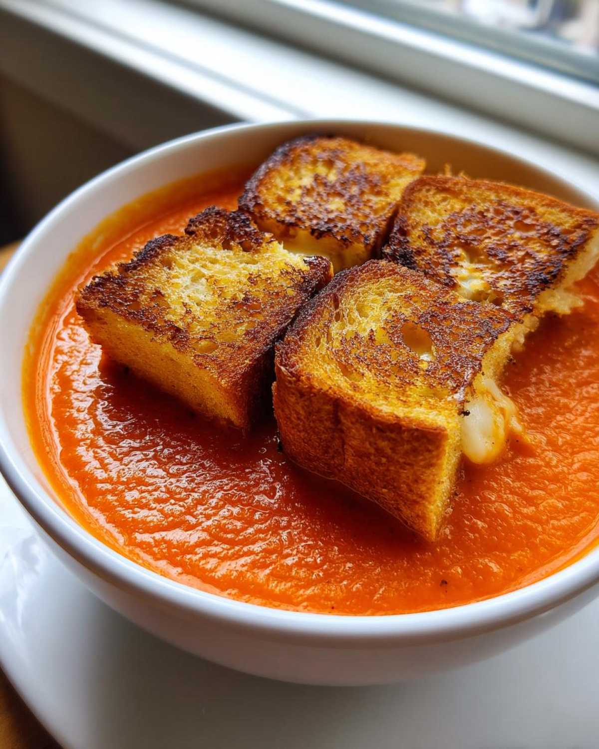 Close-up of a bowl of bright orange Roasted Tomato Basil Soup topped with four golden, crispy Grilled Cheese Croutons.