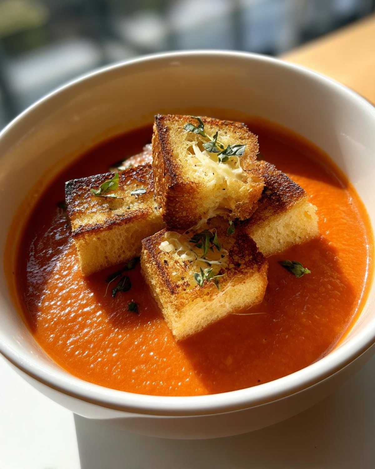 Close-up of vibrant Roasted Tomato Basil Soup topped with golden Grilled Cheese Croutons and fresh basil.