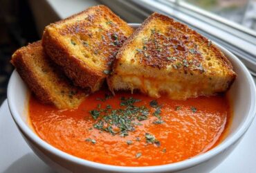 A bowl of vibrant Roasted Tomato Basil Soup topped with herbs and served with golden Grilled Cheese Croutons.