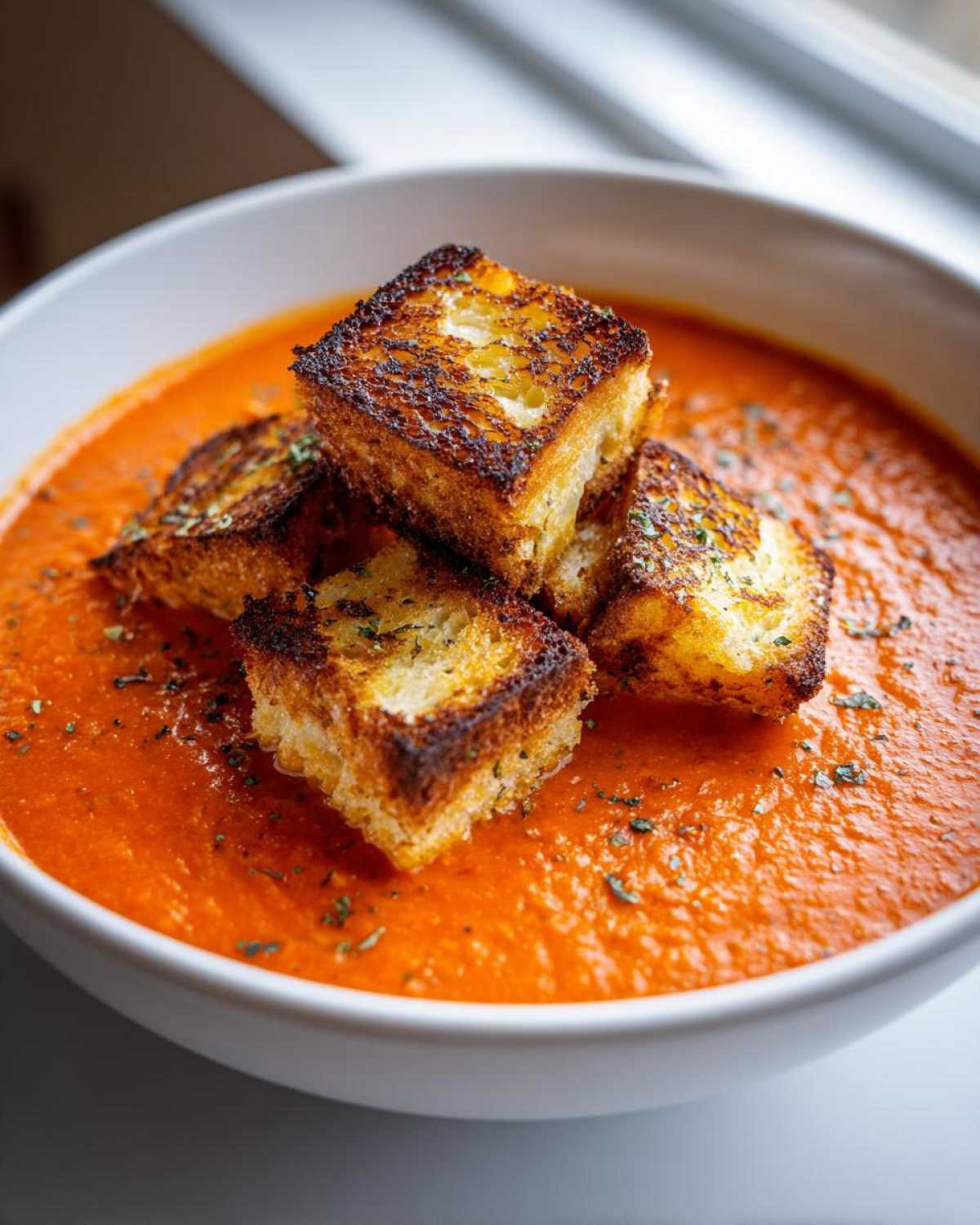 A close-up of vibrant orange Roasted Tomato Basil Soup topped with crispy Grilled Cheese Croutons and dried herbs.