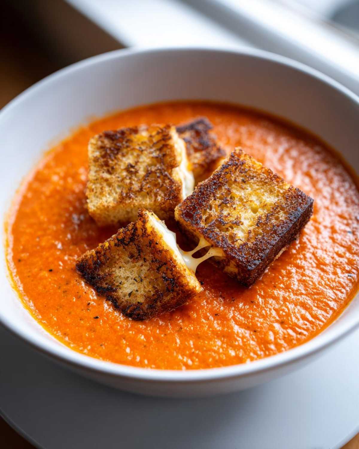 Close-up of a bowl of vibrant orange Roasted Tomato Basil Soup topped with golden brown Grilled Cheese Croutons.