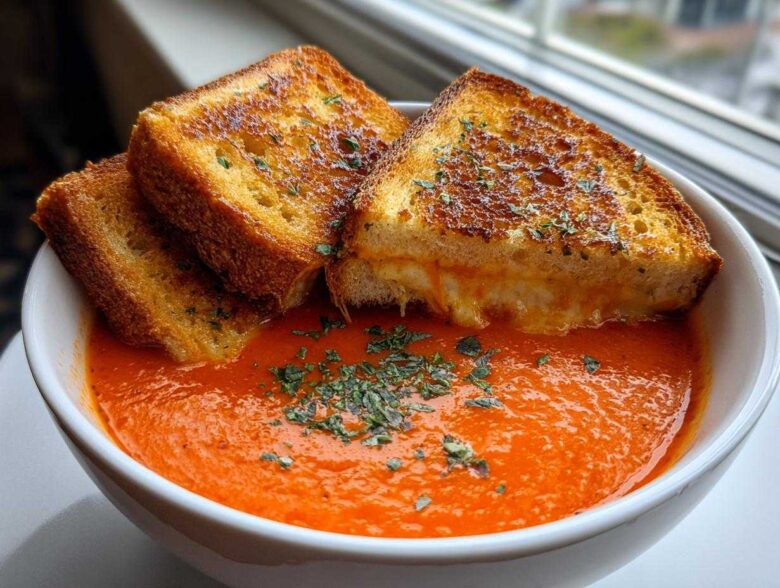 A bowl of vibrant Roasted Tomato Basil Soup topped with herbs and served with golden Grilled Cheese Croutons.