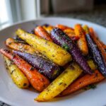 A close-up of glistening Sheet Pan Roasted Rainbow Carrots with Honey, seasoned with herbs and pepper on a white plate.