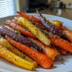 Close-up of roasted Sheet Pan Roasted Rainbow Carrots with Honey, seasoned with pepper and thyme, piled on a white plate.
