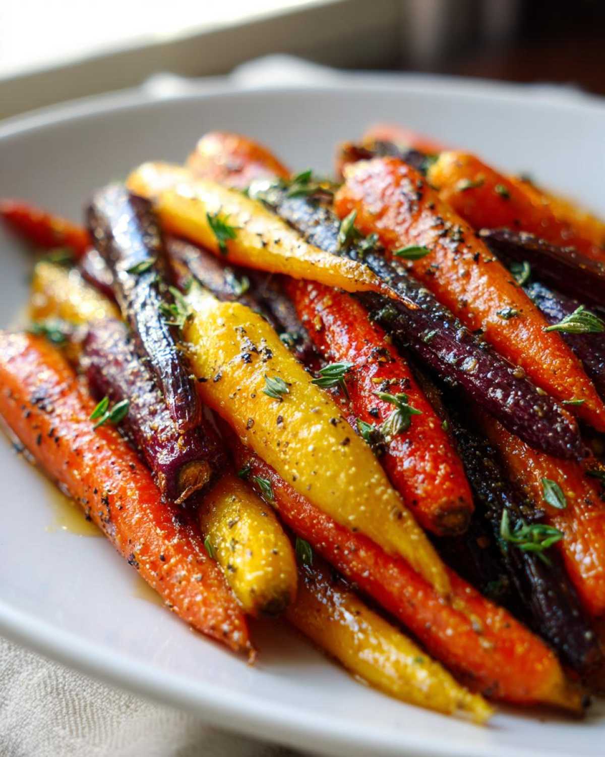 Close-up of vibrant Sheet Pan Roasted Rainbow Carrots with Honey, seasoned with pepper and fresh thyme.
