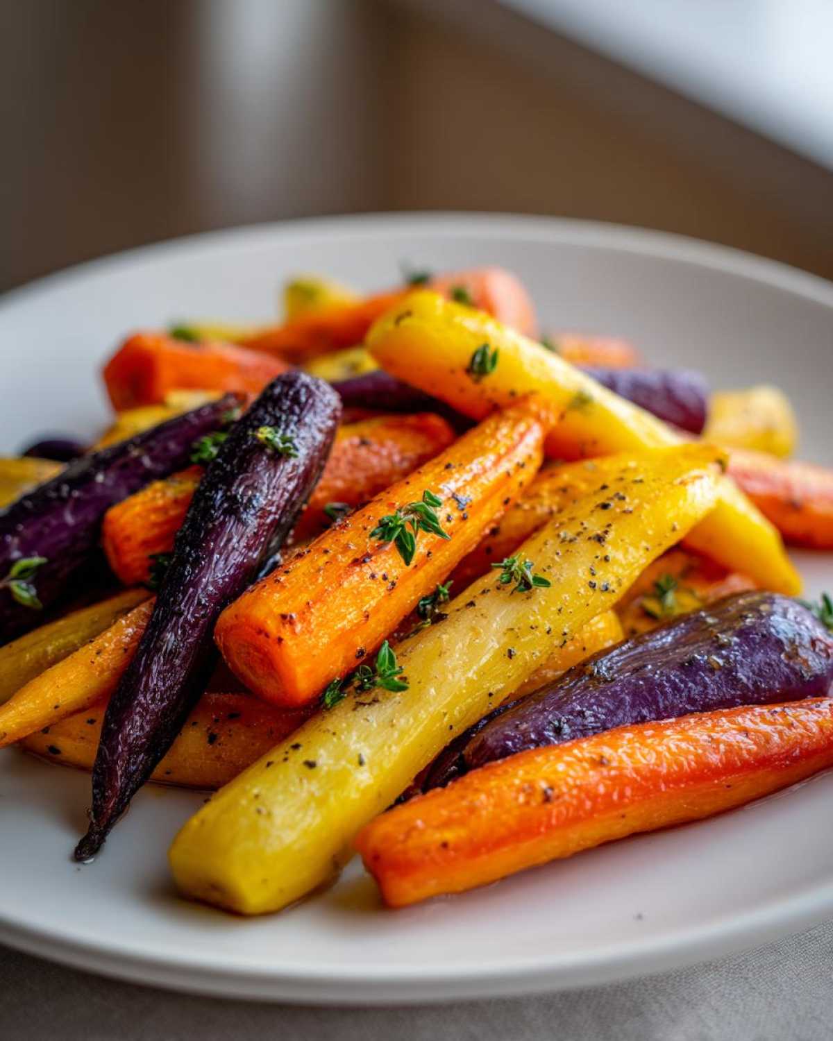 Close-up of vibrant Sheet Pan Roasted Rainbow Carrots with Honey, garnished with thyme.