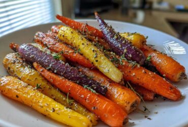 Close-up of roasted Sheet Pan Roasted Rainbow Carrots with Honey, seasoned with pepper and thyme, piled on a white plate.
