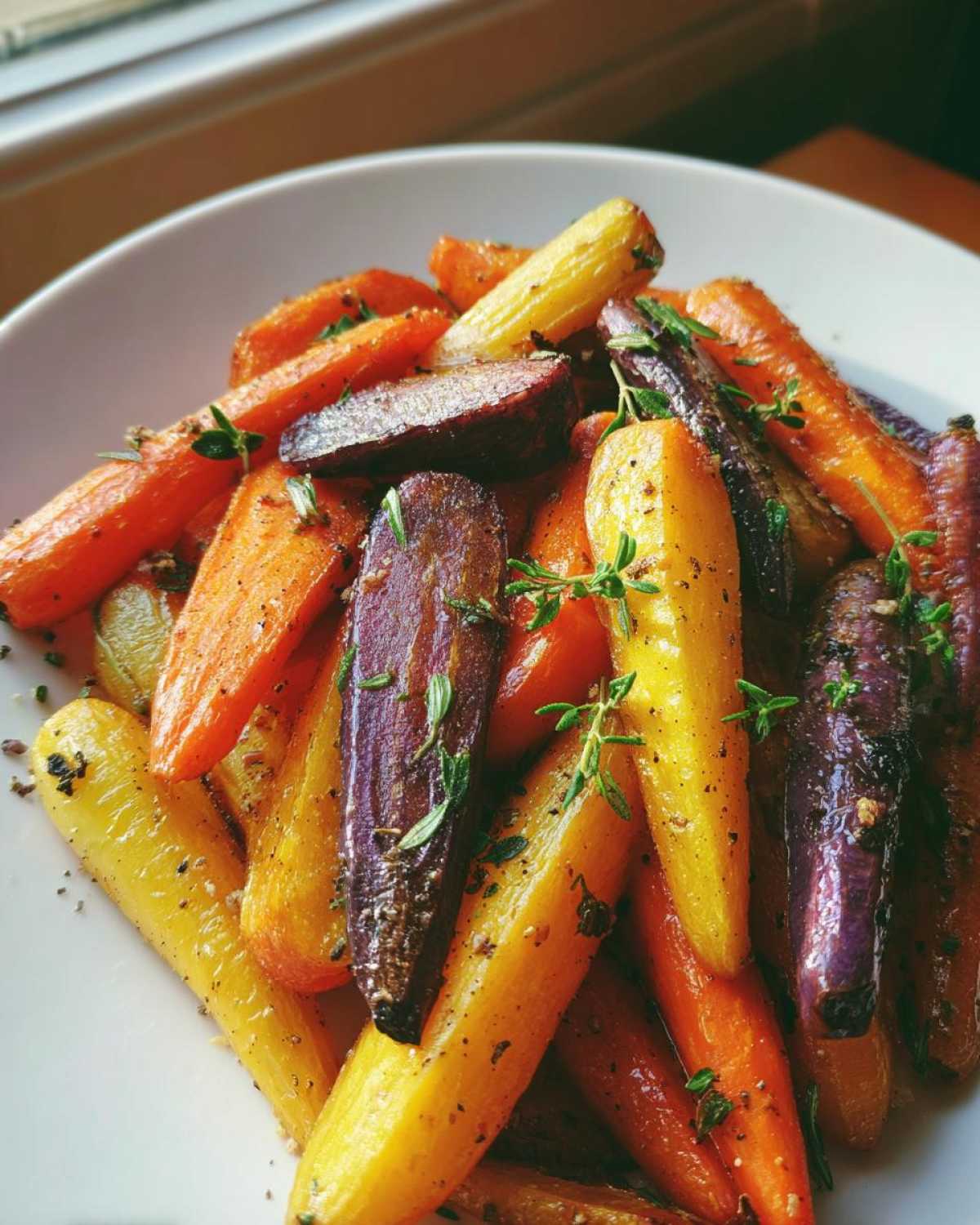 Close-up of vibrant Sheet Pan Roasted Rainbow Carrots with Honey, seasoned with pepper and thyme.