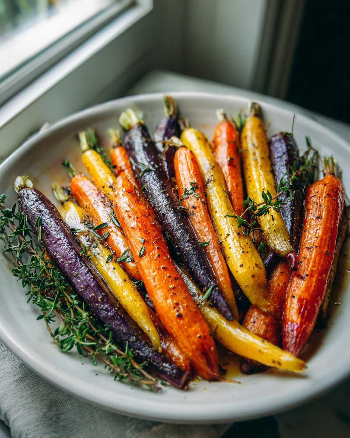 A close-up of glossy Sheet Pan Roasted Rainbow Carrots with Honey, garnished with fresh thyme sprigs.