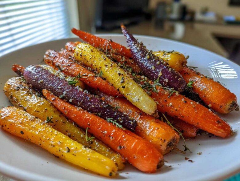 Close-up of roasted Sheet Pan Roasted Rainbow Carrots with Honey, seasoned with pepper and thyme, piled on a white plate.