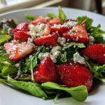 A vibrant close-up of a Spring Mix Salad with Strawberries and Goat Cheese, featuring bright red berries and white crumbles over dark greens.