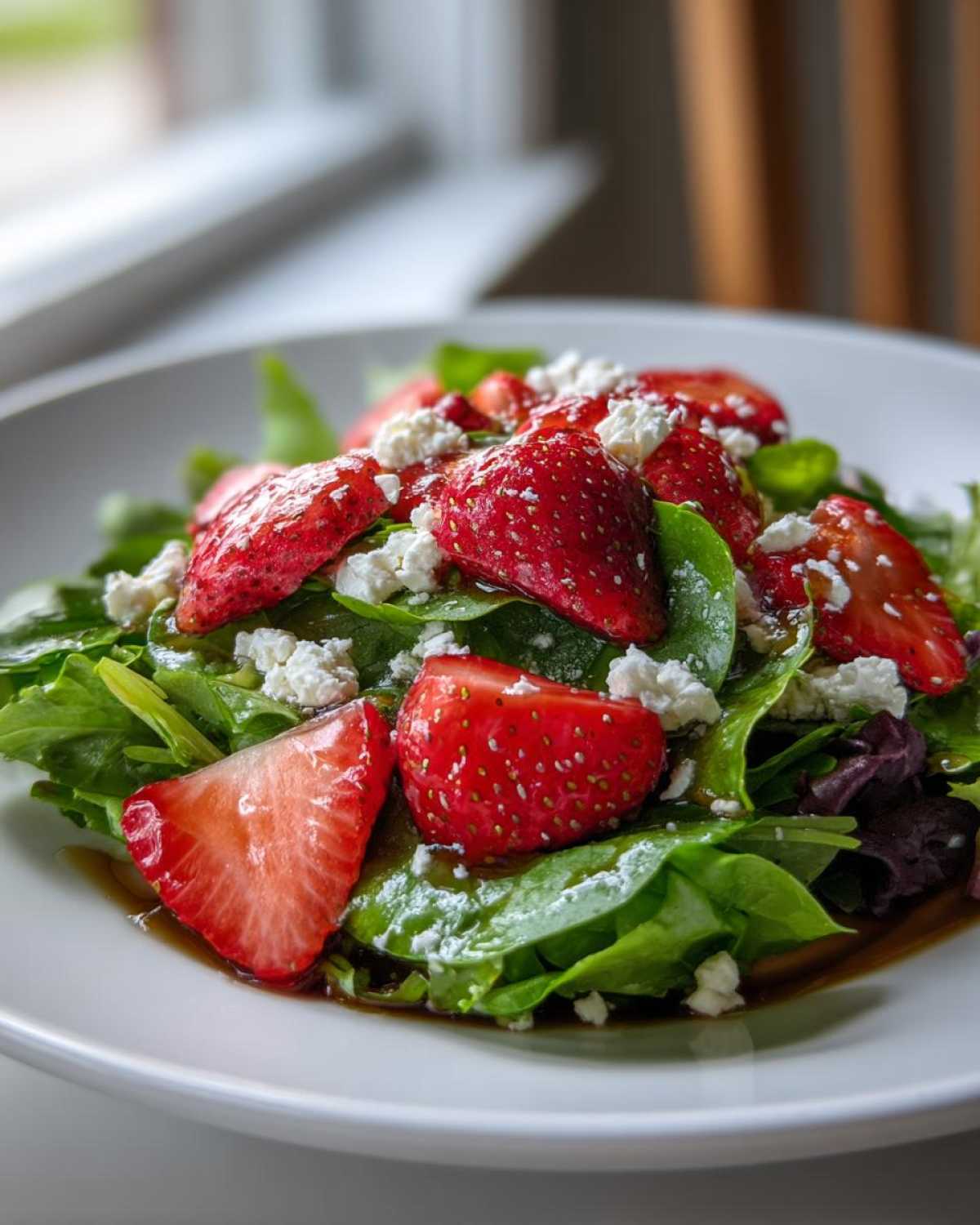 Close-up of a vibrant Spring Mix Salad with Strawberries and Goat Cheese topped with a balsamic glaze.