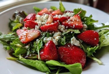 A vibrant close-up of a Spring Mix Salad with Strawberries and Goat Cheese, featuring bright red berries and white crumbles over dark greens.