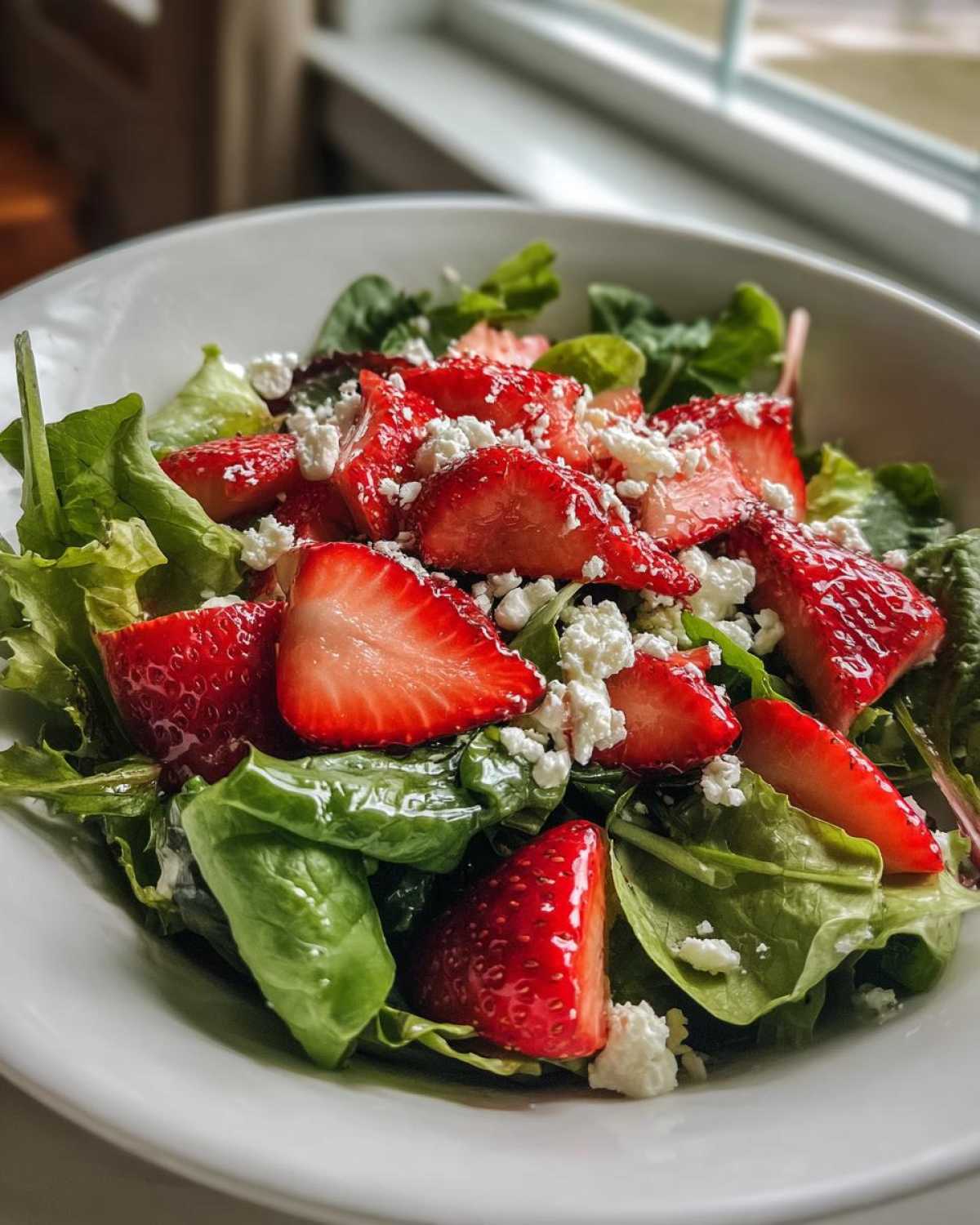 A close-up of a vibrant Spring Mix Salad with Strawberries and Goat Cheese in a white bowl.