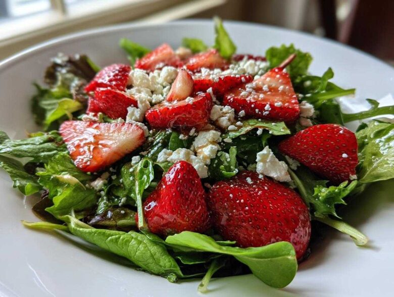A vibrant close-up of a Spring Mix Salad with Strawberries and Goat Cheese, featuring bright red berries and white crumbles over dark greens.