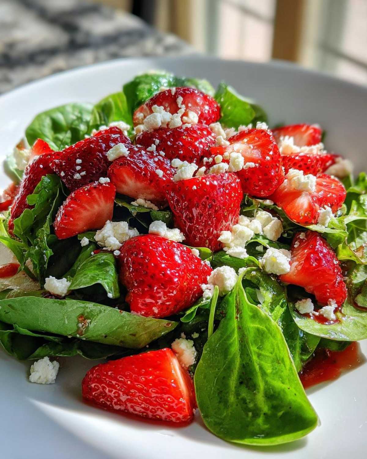 Close-up of a vibrant Spring Mix Salad with Strawberries and Goat Cheese, featuring bright red berries and crumbled white cheese on dark greens.